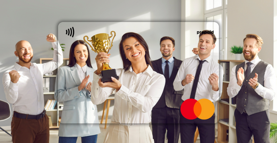 Group of people celebrating with a trophy featured on a Mastercard Personalised Gift Card 