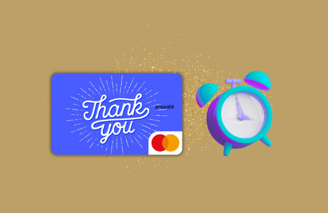Blue gift card with 'Thank you' message and Mastercard logo, next to a colorful alarm clock on a gold background.