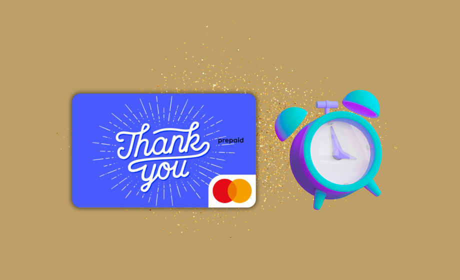 Blue gift card with 'Thank you' text and Mastercard logo, next to a colorful alarm clock on a beige background.