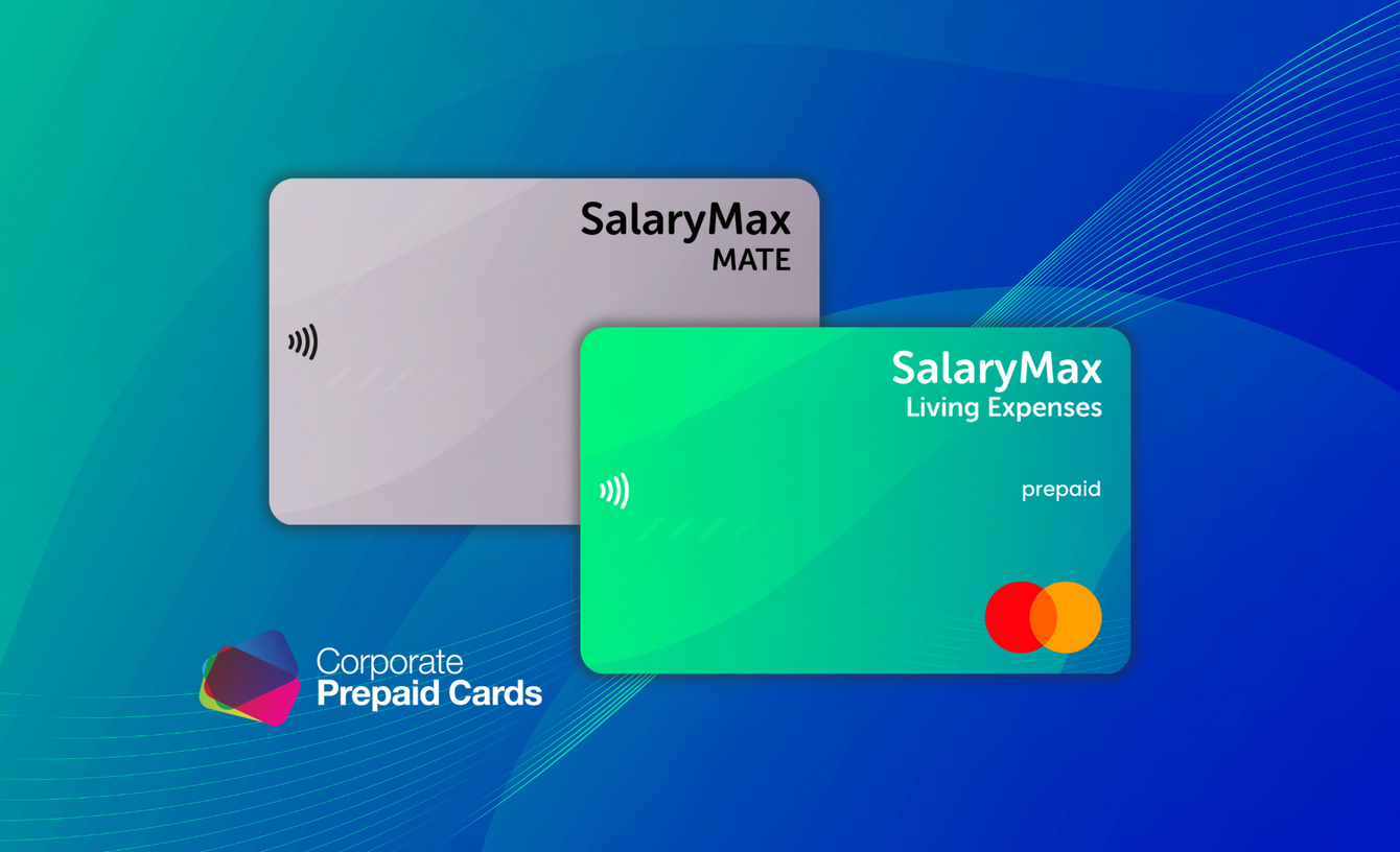Two SalaryMax prepaid cards on a blue gradient background
