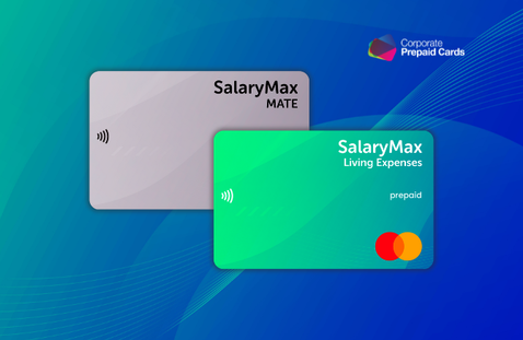 Two SalaryMax prepaid cards on a blue gradient background