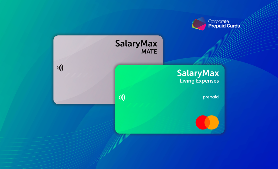 Two SalaryMax prepaid cards on a blue gradient background