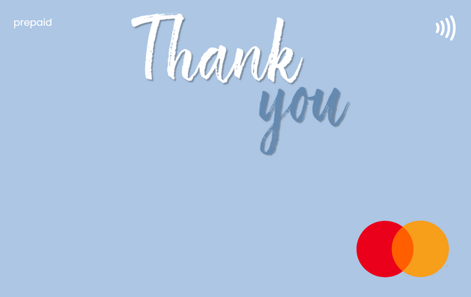 A light blue payment confirmation style graphic with the words 'Thank you' in large white and blue script, a small 'prepaid' label at top left, a wireless icon at top right, and overlapping red and yellow Mastercard logos at bottom right.