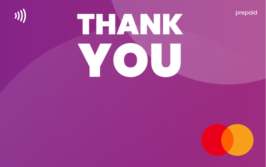 A purple prepaid Mastercard Gift Card with large white text reading 'THANK YOU,' accepted everywhere worldwide.