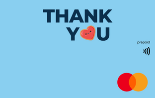 A light blue graphic with the words 'THANK YOU' in dark navy text, where the letter O is replaced by a small smiling red heart. A small 'prepaid' label and a Mastercard payment logo appear on the right side.