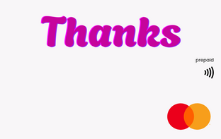A white card or label with the word 'Thanks' in large pink bubble letters at the top, a small 'prepaid' label and wireless icon on the right, and a Mastercard logo in the bottom-right corner.