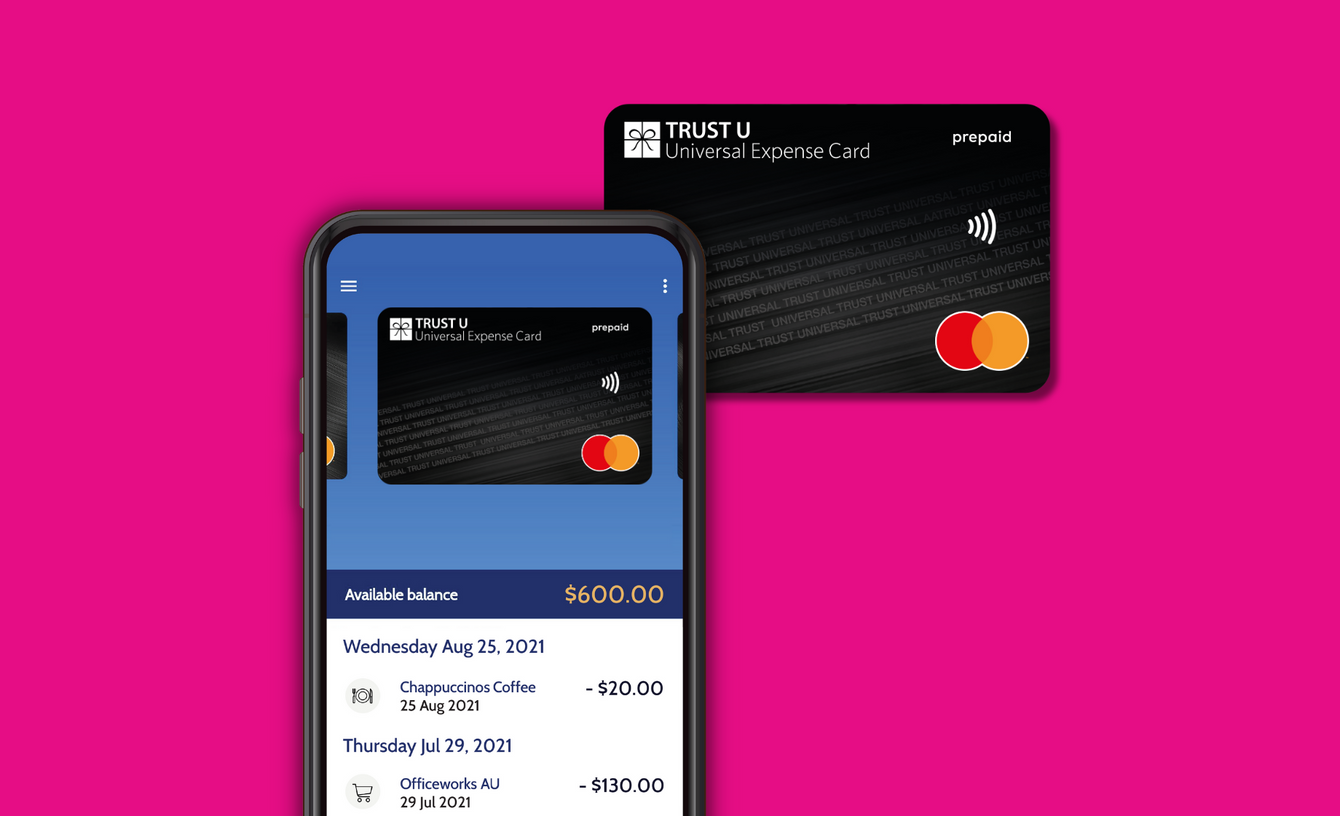 Smartphone displaying a digital card on a pink background with a physical card beside it.