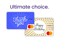 Two prepaid cards, one blue with 'Thank you' and one gold with 'Happy Birthday', on a white background.