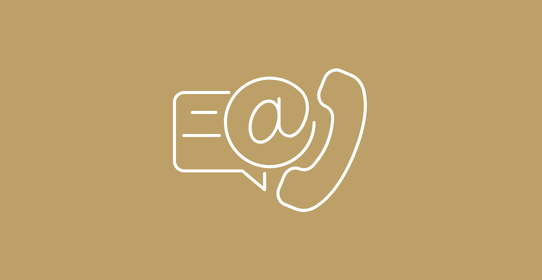 White icon of a phone, email, and speech bubble on a beige background