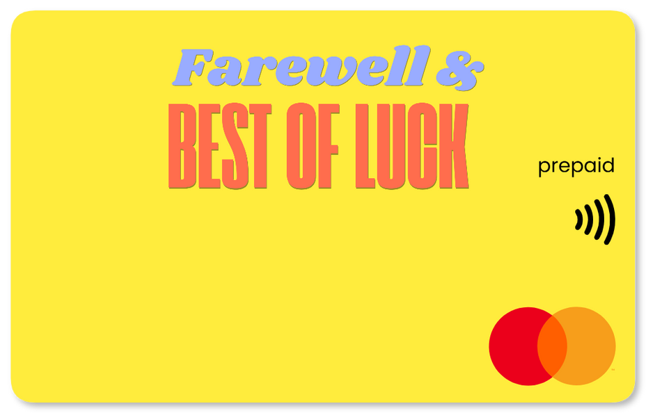 Yellow prepaid card with 'Farewell & Best of Luck' Mastercard gift card  shop at Gift Card Store