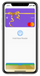 Phone screen displaying a payment app with a gift card and card icon on a purple background.