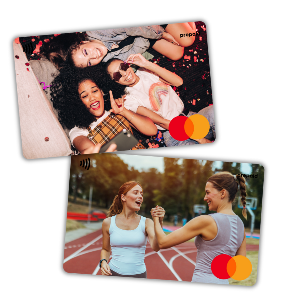 2 Personalised Mastercard Gift Cards with friends on the cards havign fun