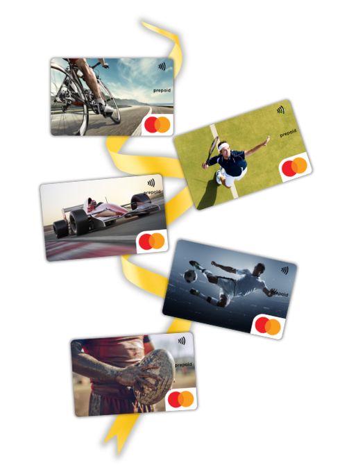 Mastercard gift cards featuring swimming, tennis, soccer, Formula 1, and rugby designs – the perfect gift for sports lovers.