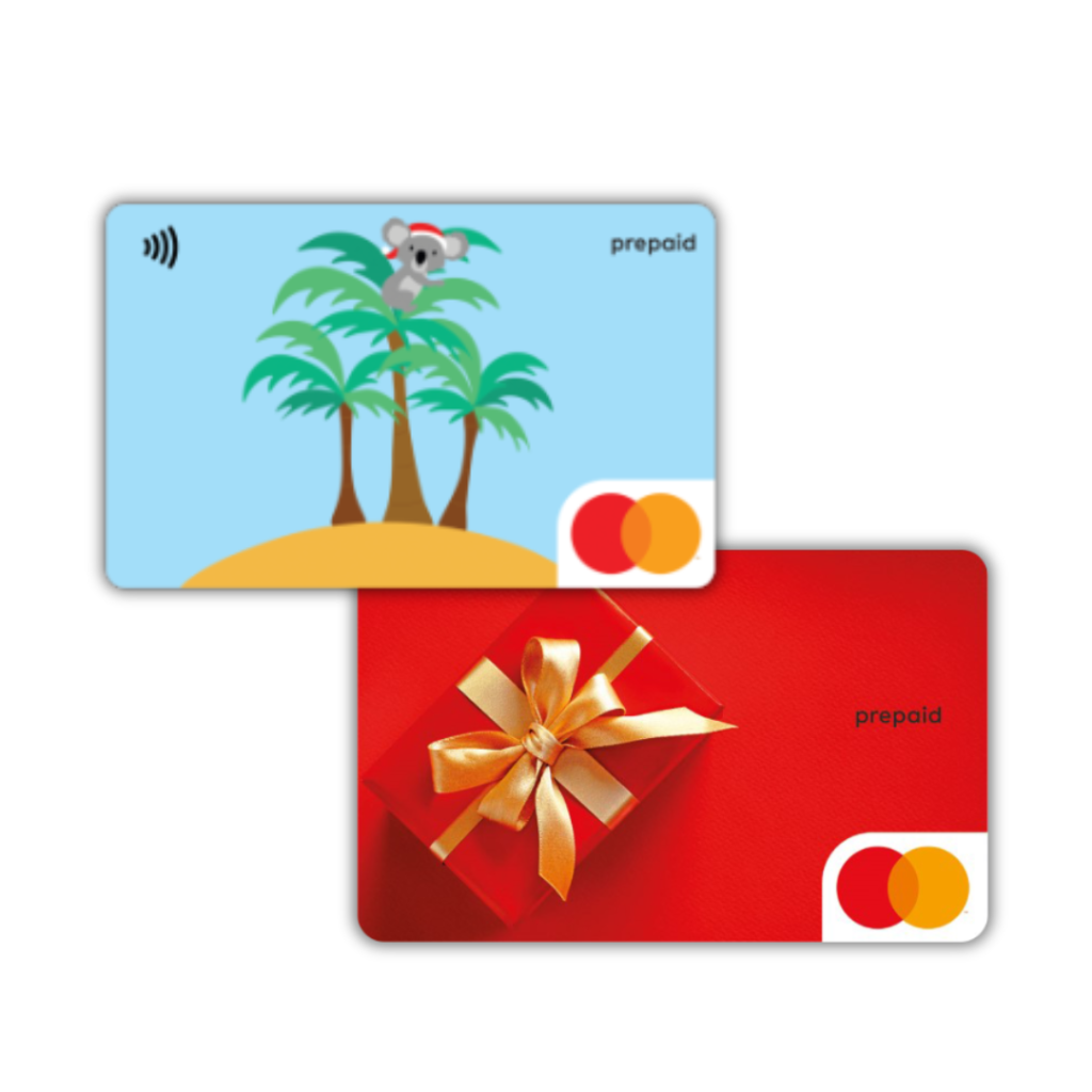Australian Christmas in July gift cards: a koala-themed MasterCard alongside a red one.
