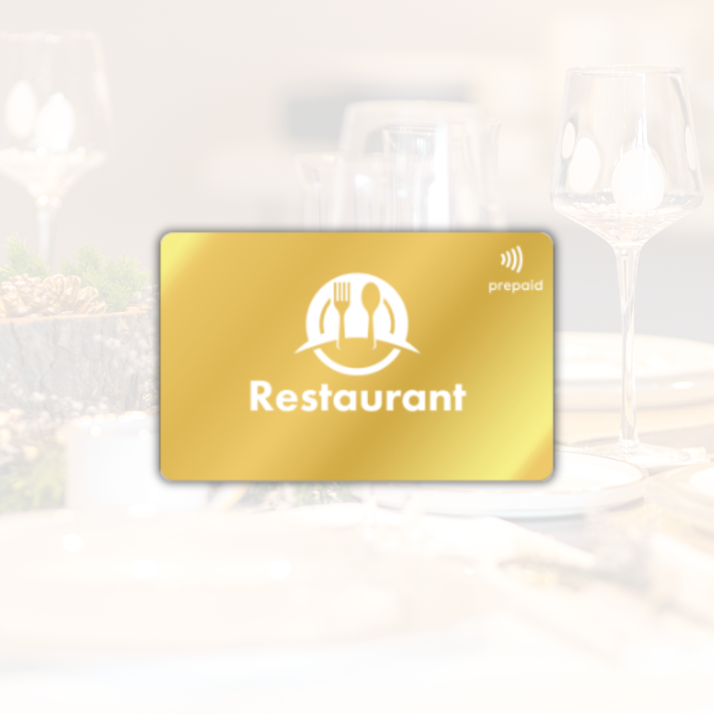 Restaurant e-gift card displayed on with festive food and wine in background